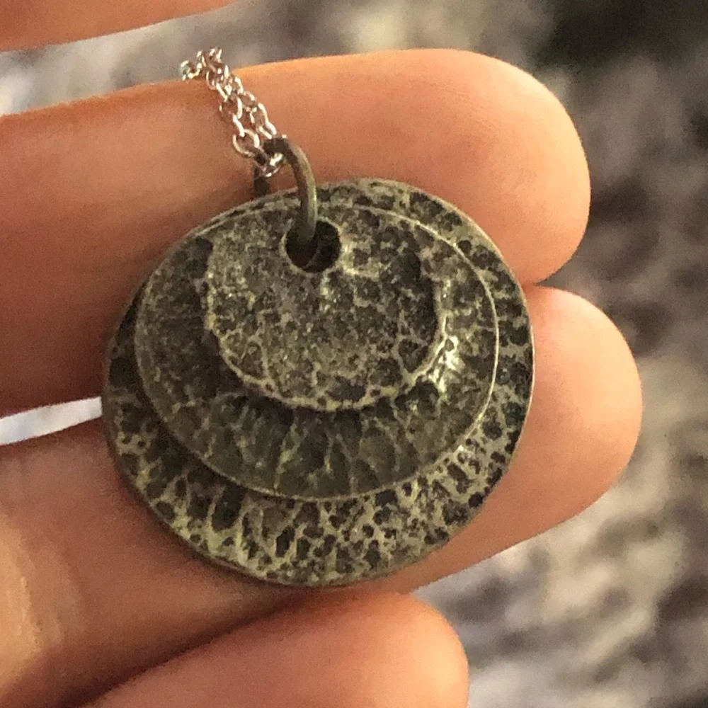 Handcrafted dual layer hammered metal pendant on chain necklace